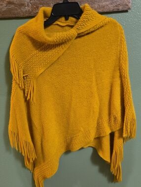 Mustard Yellow Fringe Knit Poncho Sweater